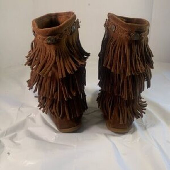 Minnetonka Brown Suede Girls Triple Layer Fringe Side Zip Calf High Boots - Picture 3 of 8